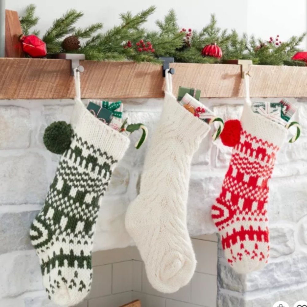 NWT Hearth & Hand with Magnolia Christmas Red/Crm Jacquard Knit Pom Pom Stocking